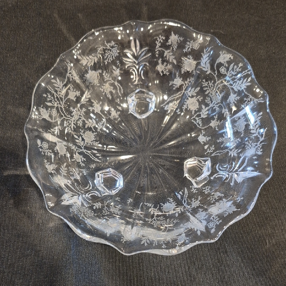 Fostoria Navarre Etched Crystal  Scalloped Edge, Floral Nut Or Candy Bowl